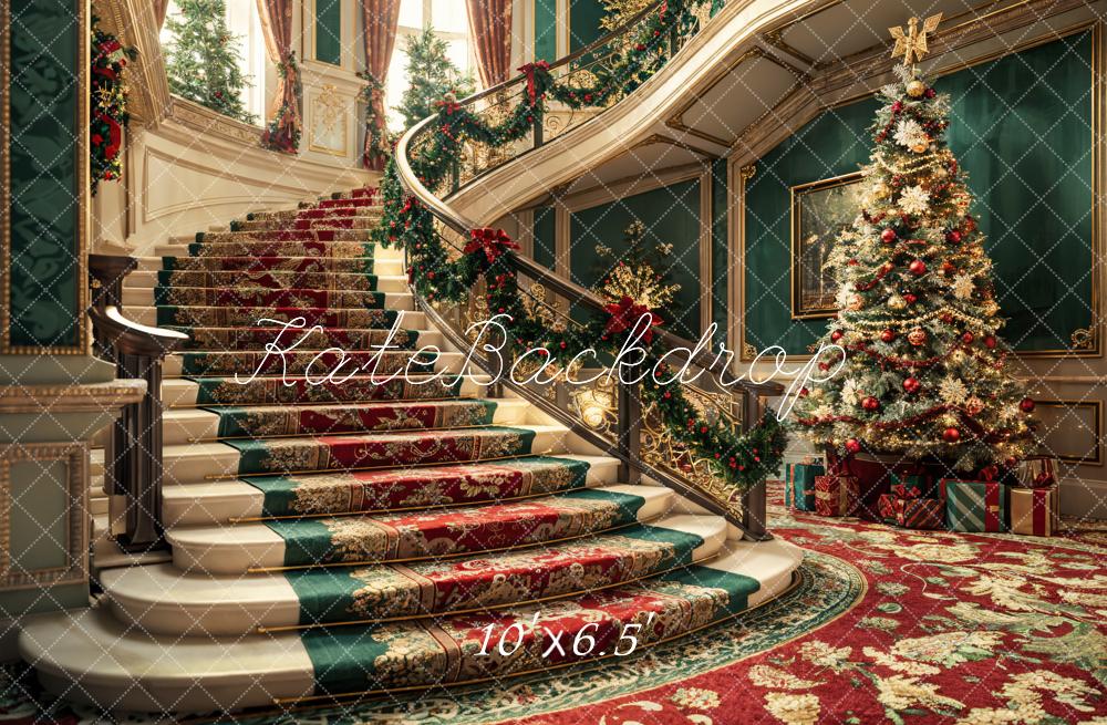 Kate Weihnachten Bunter Retro Blumen Treppe Dunkelgrüne Wand Hintergrund entworfen von Emetselch - Kate Backdrop.de
