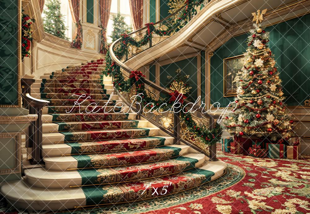 Kate Weihnachten Bunter Retro Blumen Treppe Dunkelgrüne Wand Hintergrund entworfen von Emetselch - Kate Backdrop.de