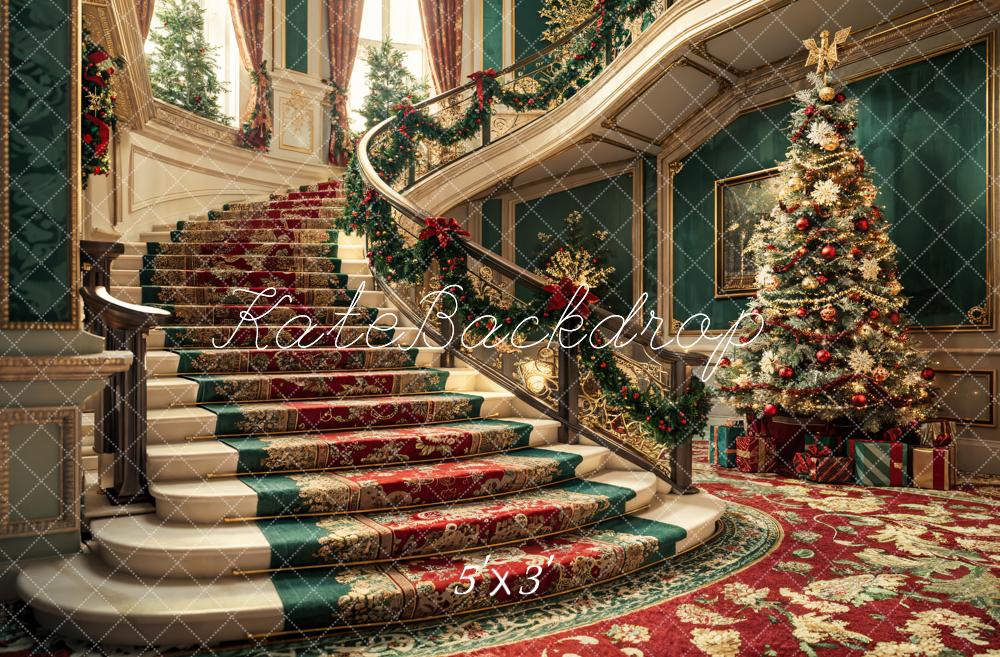 Kate Weihnachten Bunter Retro Blumen Treppe Dunkelgrüne Wand Hintergrund entworfen von Emetselch - Kate Backdrop.de