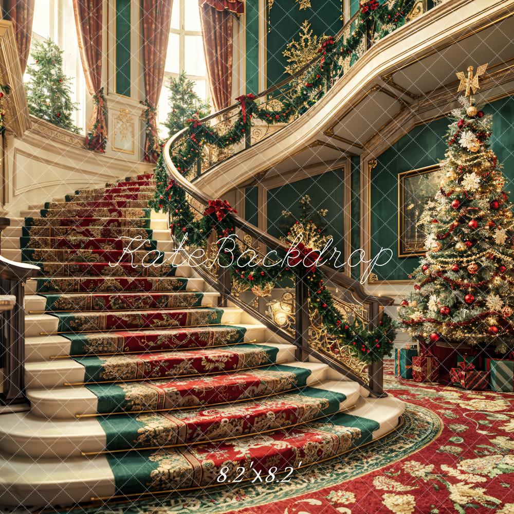 Kate Weihnachten Bunter Retro Blumen Treppe Dunkelgrüne Wand Hintergrund entworfen von Emetselch - Kate Backdrop.de