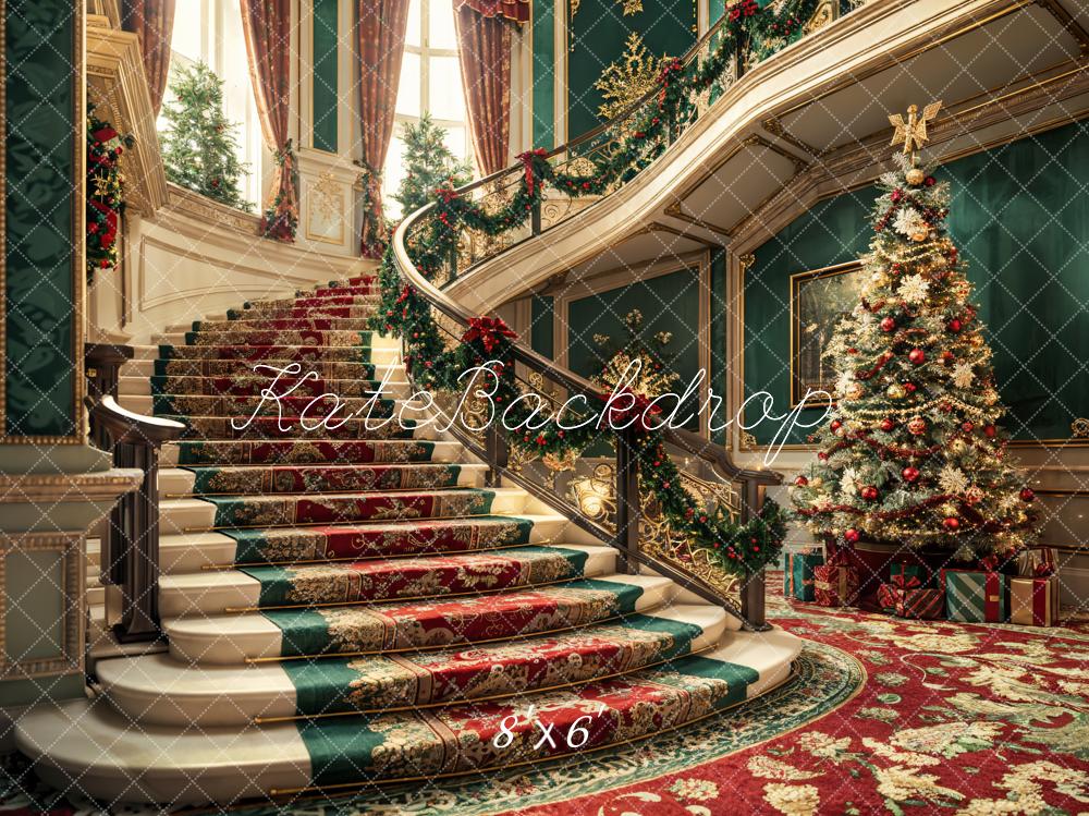 Kate Weihnachten Bunter Retro Blumen Treppe Dunkelgrüne Wand Hintergrund entworfen von Emetselch - Kate Backdrop.de