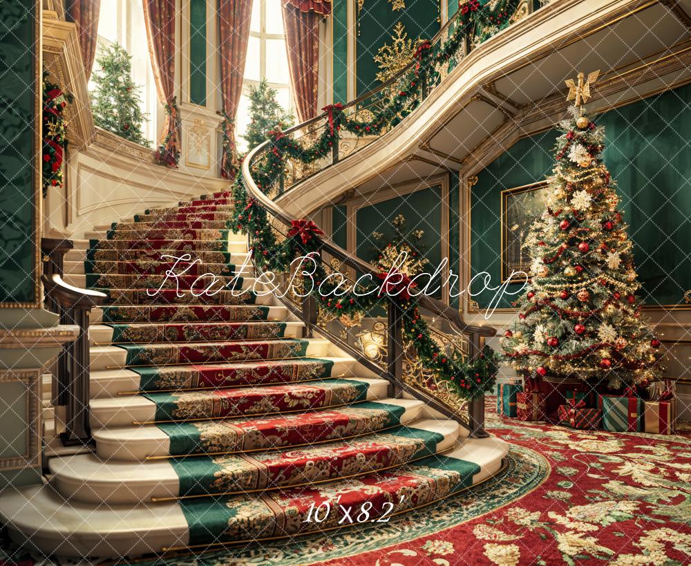 Kate Weihnachten Bunter Retro Blumen Treppe Dunkelgrüne Wand Hintergrund entworfen von Emetselch - Kate Backdrop.de