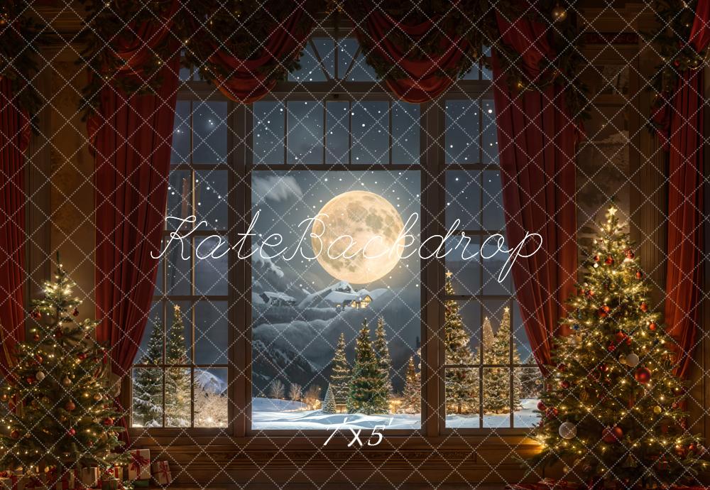 Kate Weihnachten Nacht Roter Vorhang Eingerahmtes Fenster Retro Wand Hintergrund entworfen von Chain Photography - Kate Backdrop.de