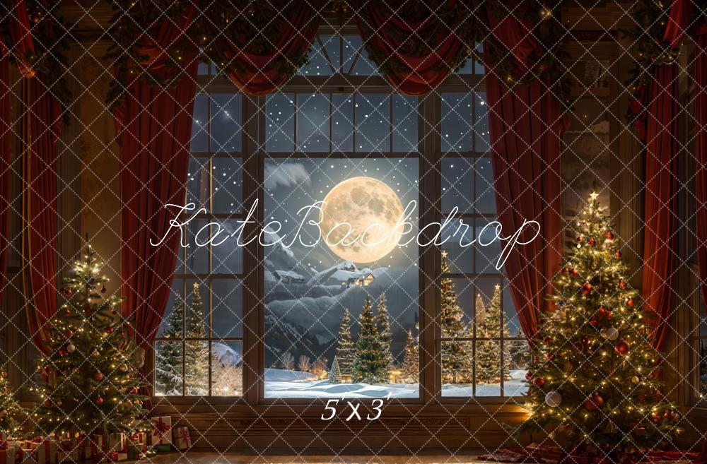 Kate Weihnachten Nacht Roter Vorhang Eingerahmtes Fenster Retro Wand Hintergrund entworfen von Chain Photography - Kate Backdrop.de