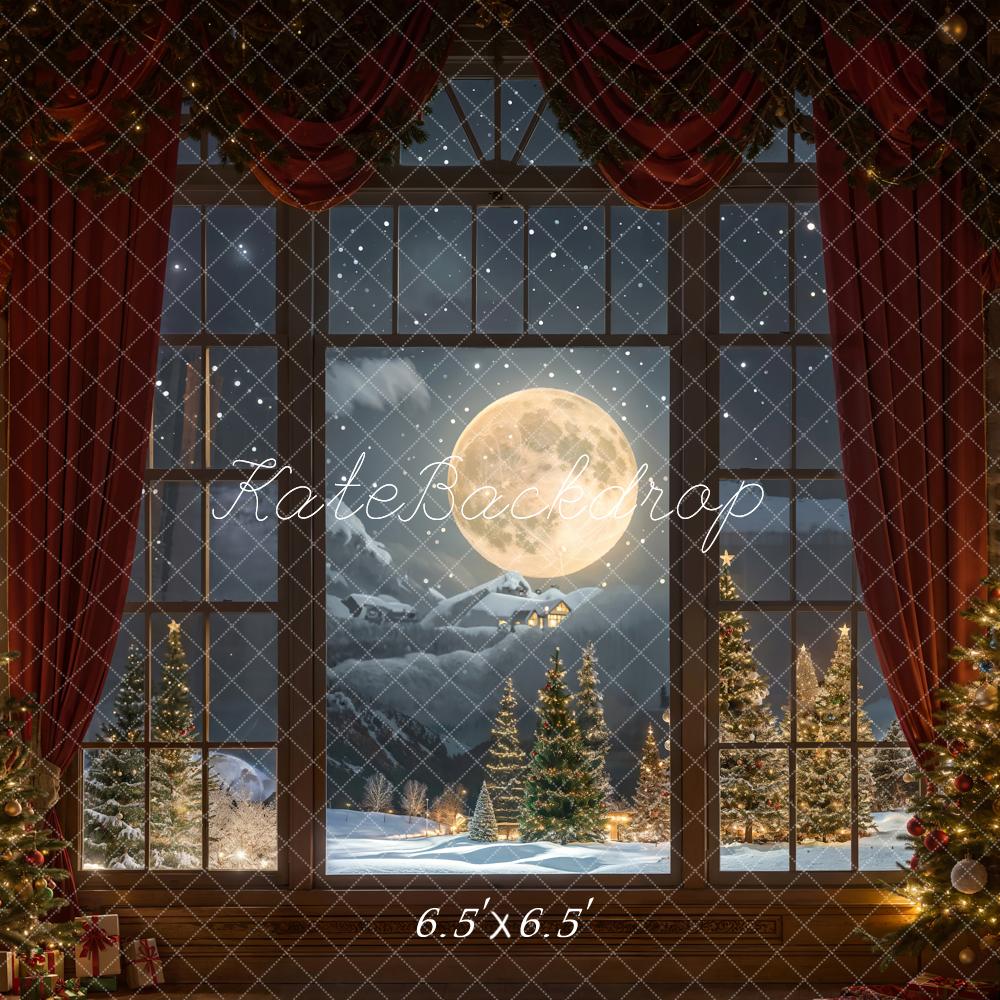 Kate Weihnachten Nacht Roter Vorhang Eingerahmtes Fenster Retro Wand Hintergrund entworfen von Chain Photography - Kate Backdrop.de