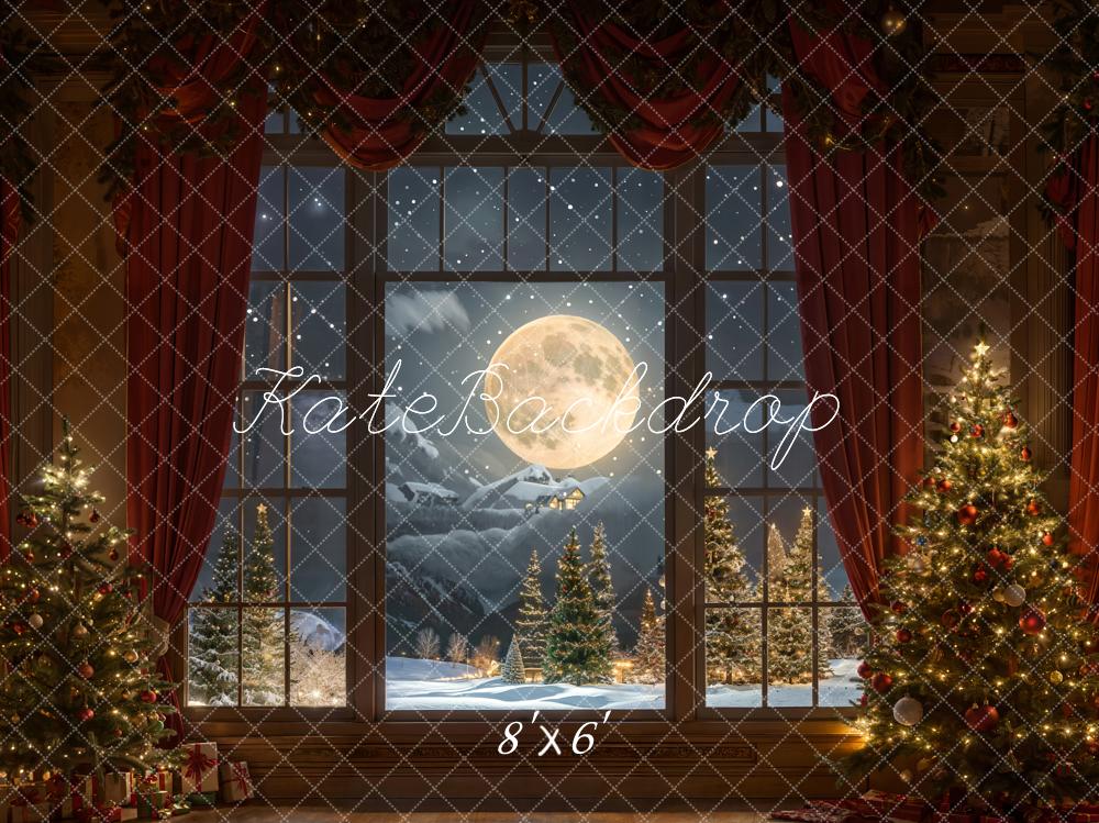 Kate Weihnachten Nacht Roter Vorhang Eingerahmtes Fenster Retro Wand Hintergrund entworfen von Chain Photography - Kate Backdrop.de