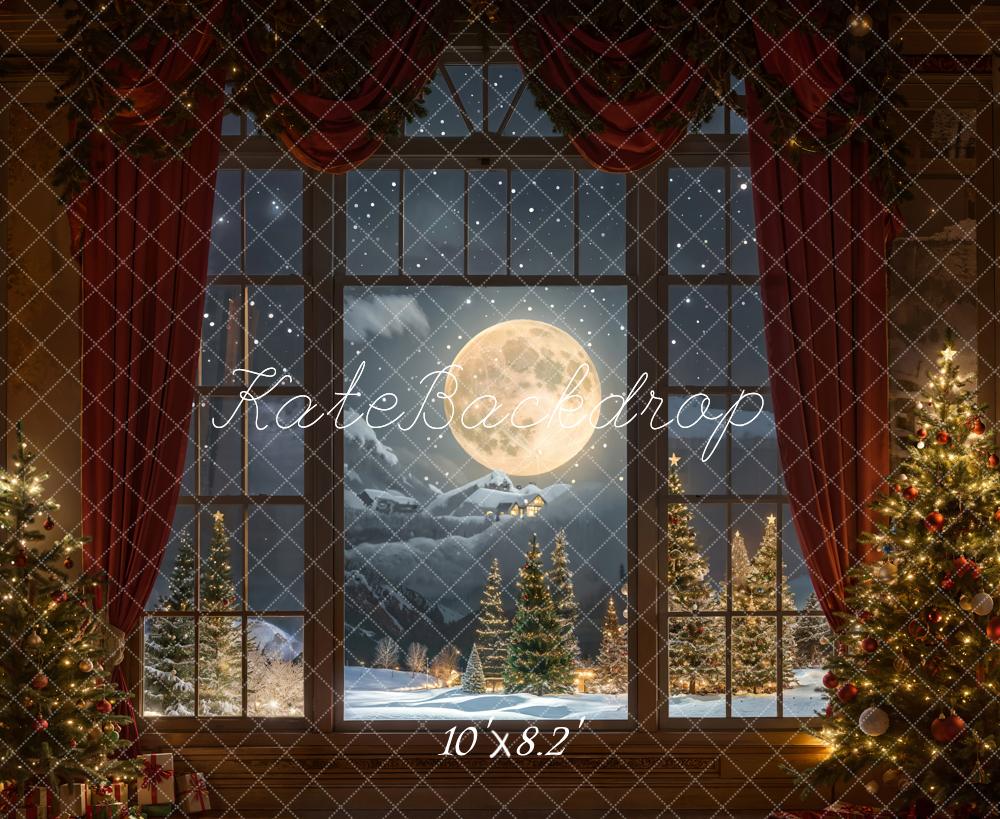 Kate Weihnachten Nacht Roter Vorhang Eingerahmtes Fenster Retro Wand Hintergrund entworfen von Chain Photography - Kate Backdrop.de