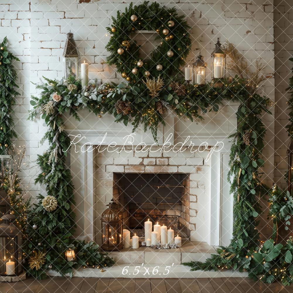 Kate Winter Weihnachten Innen Weißer Ziegelkamin Hintergrund Entworfen von Emetselch - Kate Backdrop.de