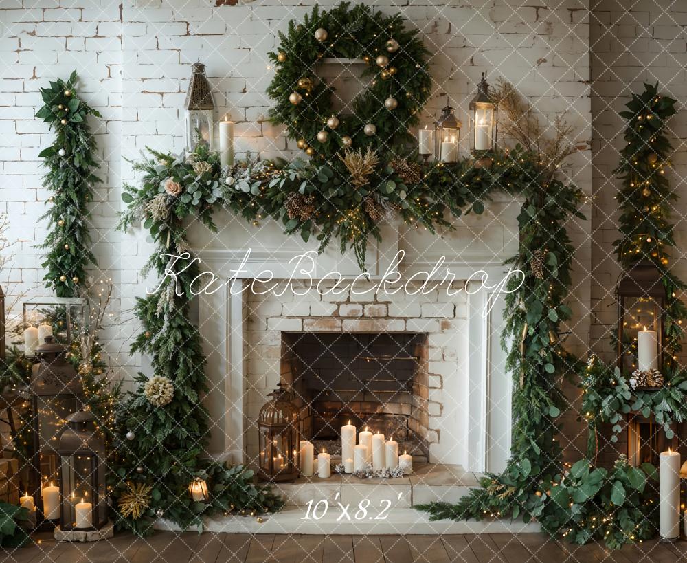 Kate Winter Weihnachten Innen Weißer Ziegelkamin Hintergrund Entworfen von Emetselch - Kate Backdrop.de