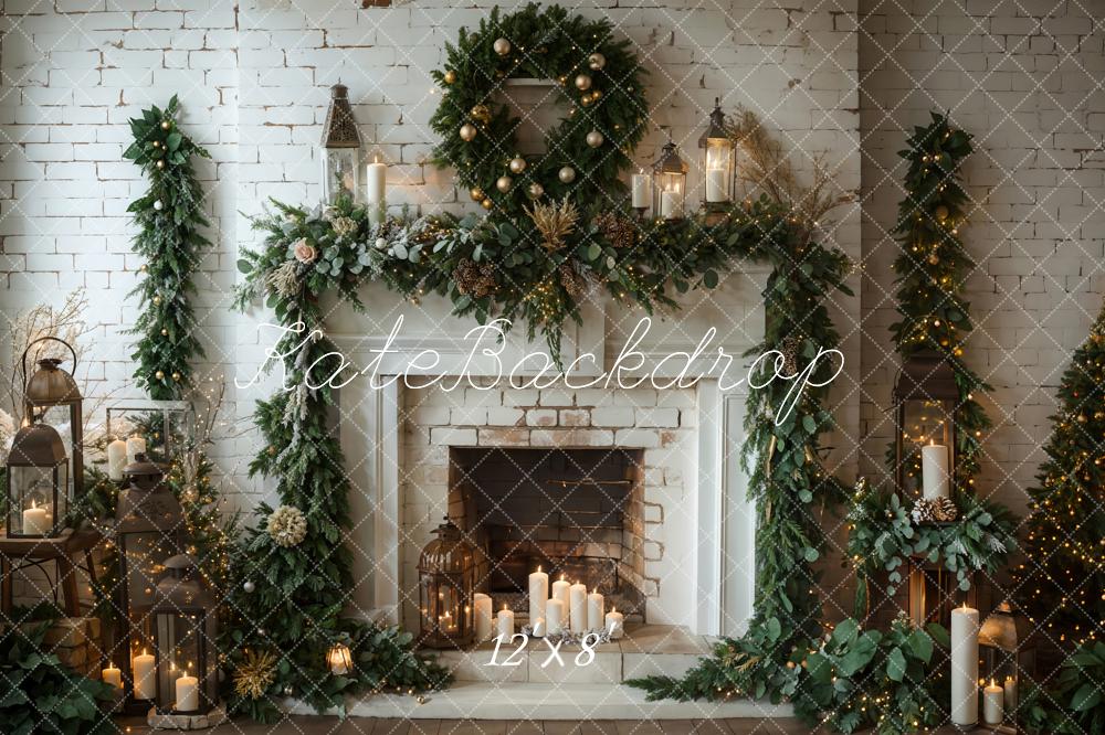 Kate Winter Weihnachten Innen Weißer Ziegelkamin Hintergrund Entworfen von Emetselch - Kate Backdrop.de