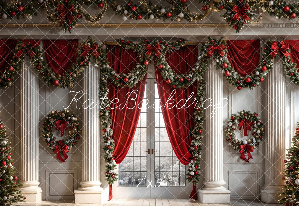 Kate Weihnachten Roter Vorhang Eingerahmtes Fenster Weiße Retro Wand Hintergrund entworfen von Chain Photography