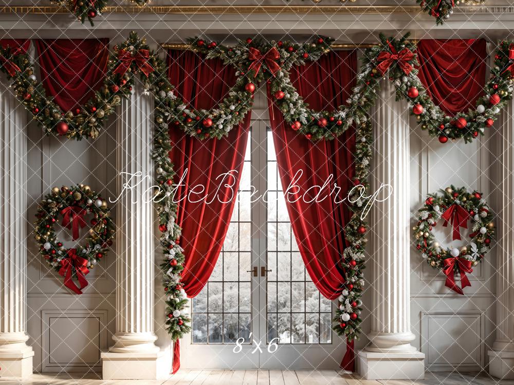 Kate Weihnachten Roter Vorhang Eingerahmtes Fenster Weiße Retro Wand Hintergrund entworfen von Chain Photography - Kate Backdrop.de