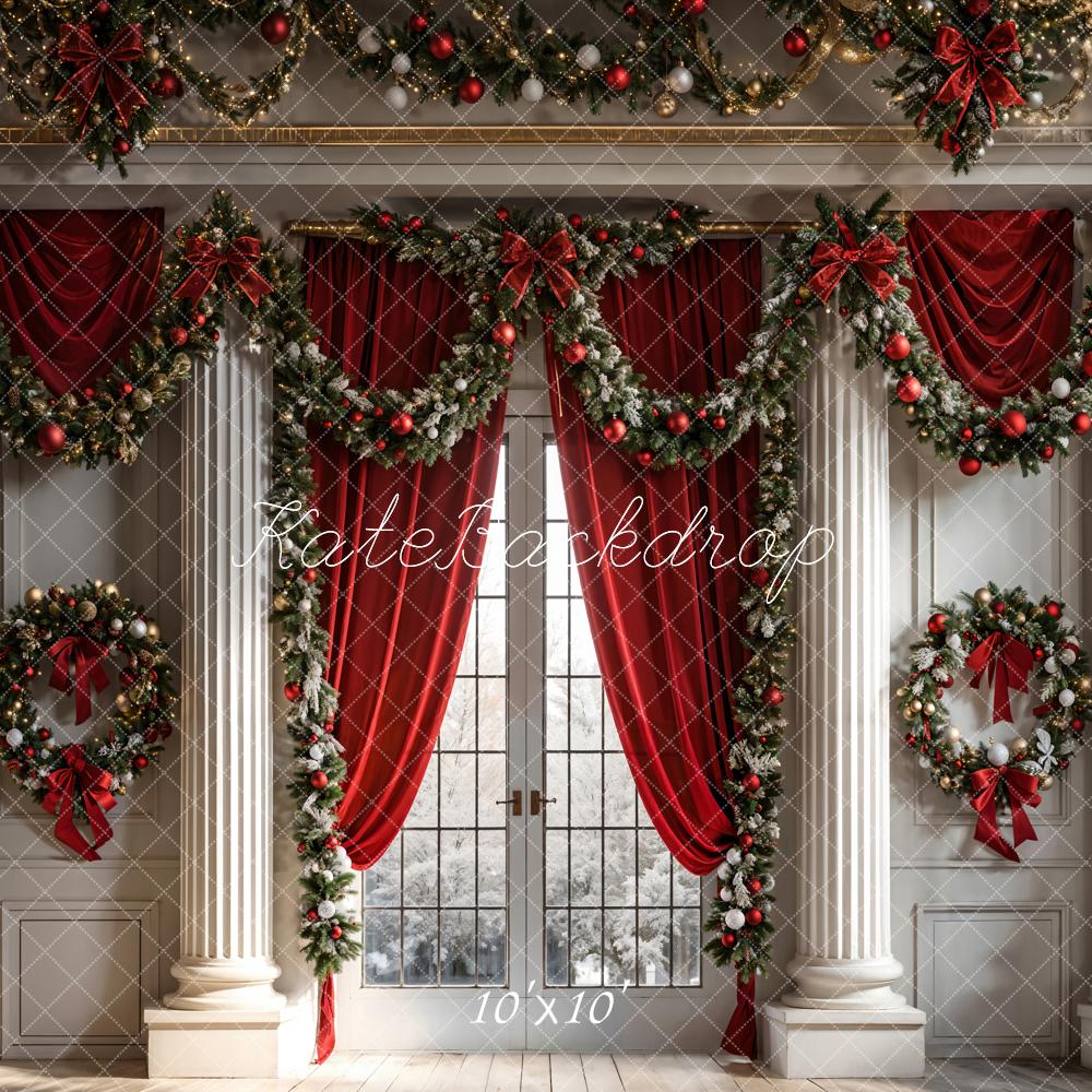 Kate Weihnachten Roter Vorhang Eingerahmtes Fenster Weiße Retro Wand Hintergrund entworfen von Chain Photography - Kate Backdrop.de
