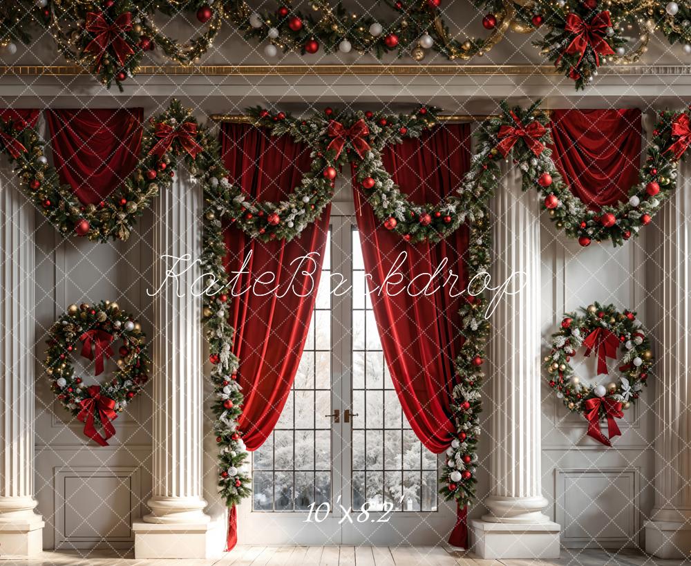Kate Weihnachten Roter Vorhang Eingerahmtes Fenster Weiße Retro Wand Hintergrund entworfen von Chain Photography - Kate Backdrop.de