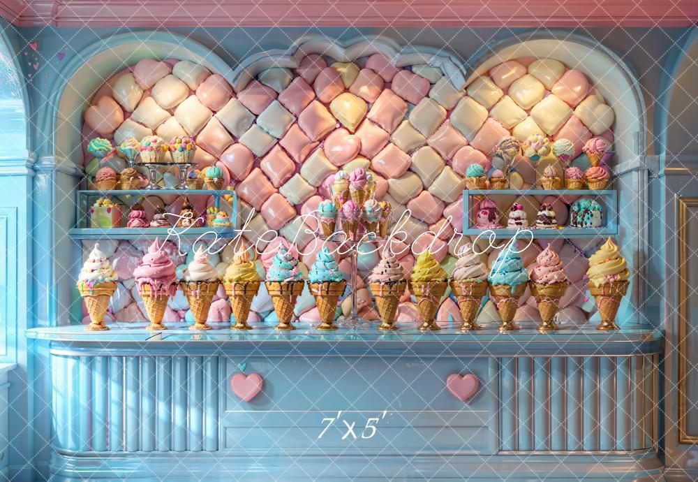 Kate Sommer Moderner Bunter Eiscreme Blauer Süßwarenladen Hintergrund entworfen von Chain Photography - Kate Backdrop.de