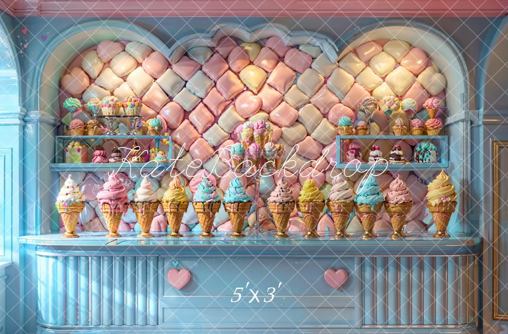Kate Sommer Moderner Bunter Eiscreme Blauer Süßwarenladen Hintergrund entworfen von Chain Photography - Kate Backdrop.de