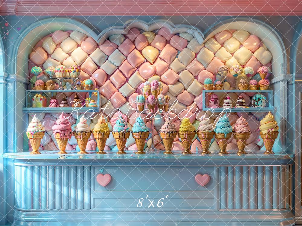 Kate Sommer Moderner Bunter Eiscreme Blauer Süßwarenladen Hintergrund entworfen von Chain Photography - Kate Backdrop.de