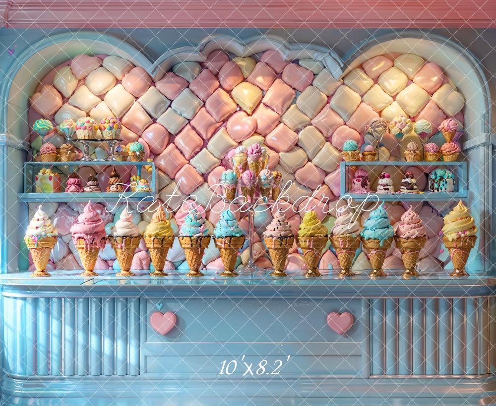 Kate Sommer Moderner Bunter Eiscreme Blauer Süßwarenladen Hintergrund entworfen von Chain Photography - Kate Backdrop.de