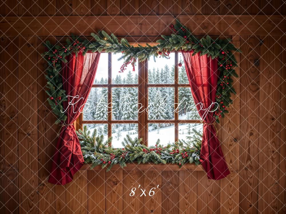 Kate Weihnachten Wald Roter Vorhang Eingerahmtes Fenster Braune Holzwand Hintergrund entworfen von Chain Photography - Kate Backdrop.de