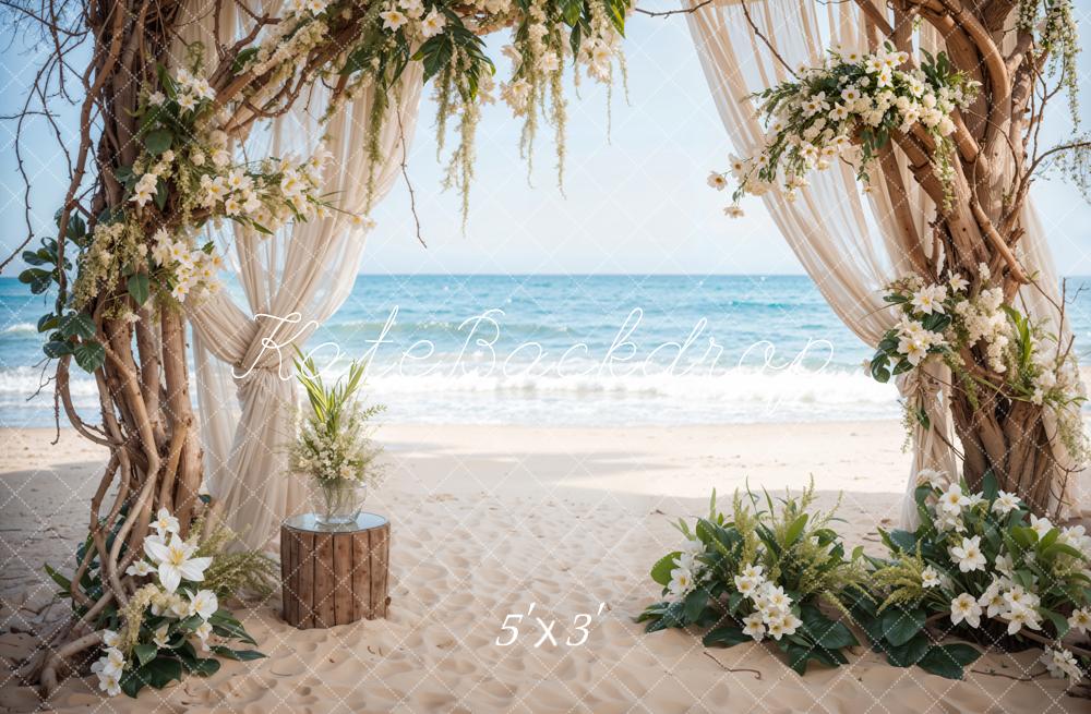 Kate Sommer Meer Strand Weiße Blumen Hochzeit Eingerahmte Holztür Hintergrund entworfen von Emetselch - Kate Backdrop.de