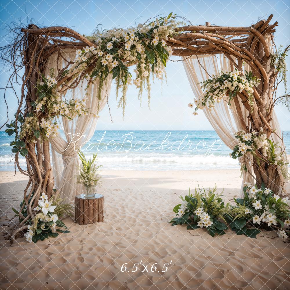 Kate Sommer Meer Strand Weiße Blumen Hochzeit Eingerahmte Holztür Hintergrund entworfen von Emetselch - Kate Backdrop.de