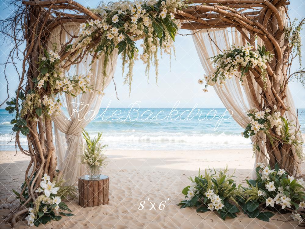 Kate Sommer Meer Strand Weiße Blumen Hochzeit Eingerahmte Holztür Hintergrund entworfen von Emetselch - Kate Backdrop.de