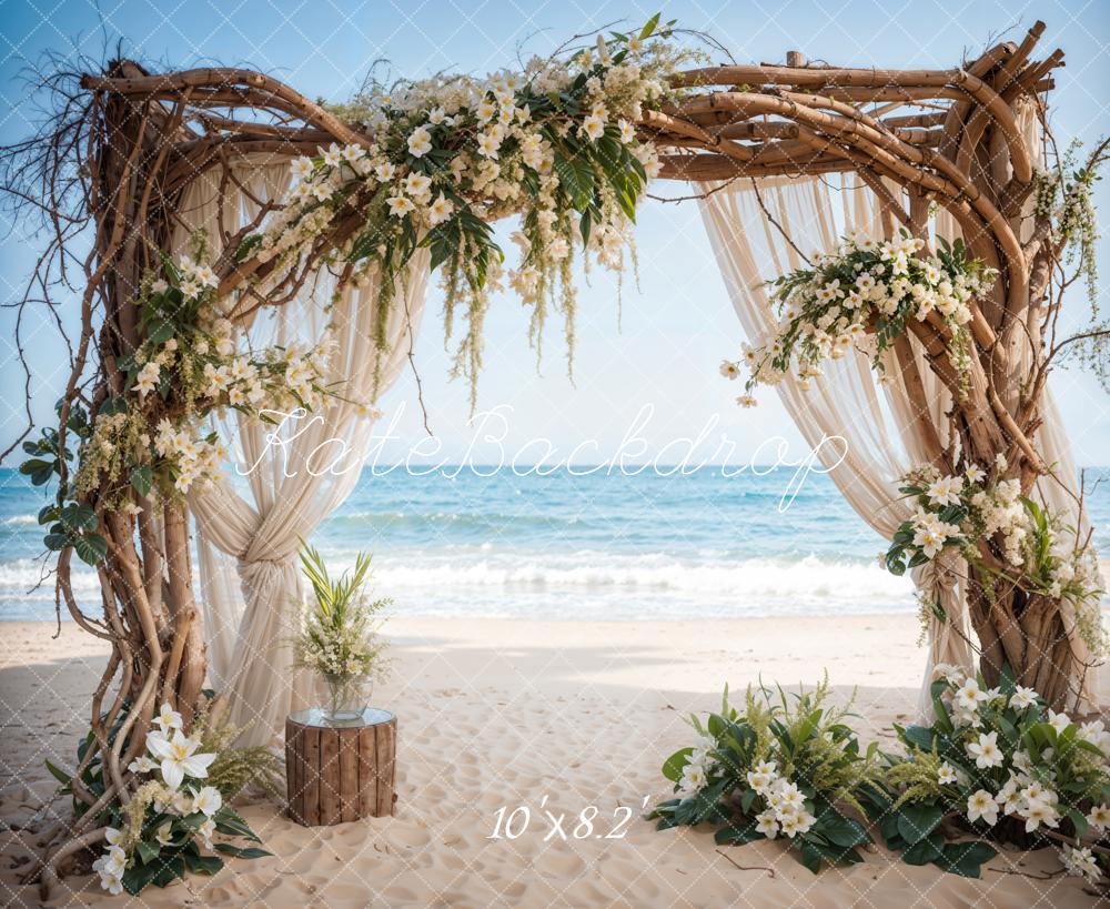 Kate Sommer Meer Strand Weiße Blumen Hochzeit Eingerahmte Holztür Hintergrund entworfen von Emetselch - Kate Backdrop.de