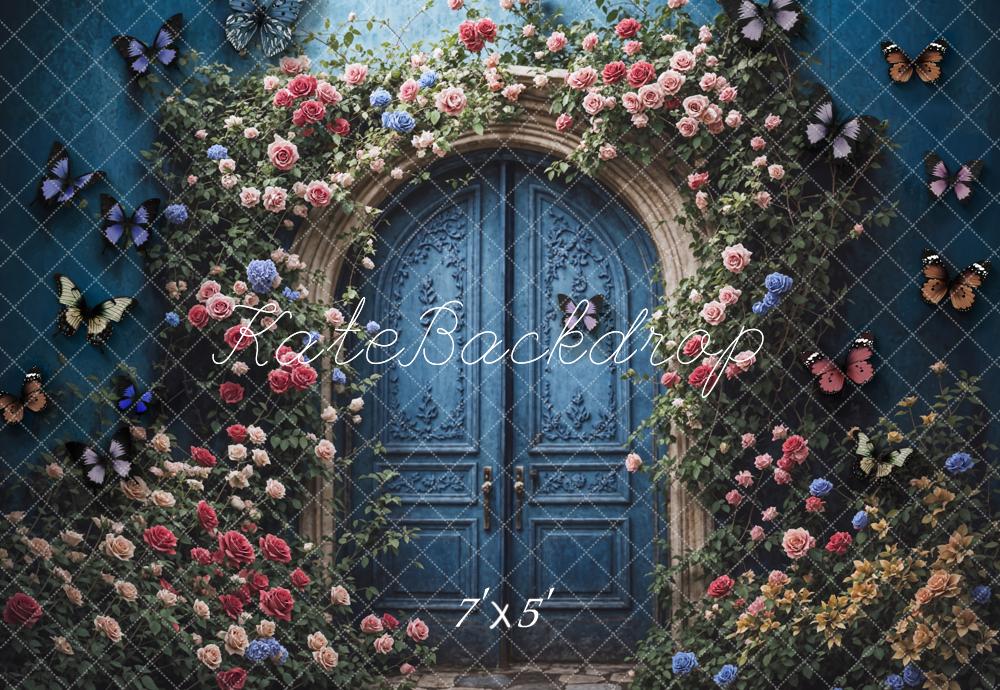 Kate Sommer Fine Art Bunte Blumen Schmetterling Dunkelblaues Bogen Tür Hintergrund entworfen von Chain Photography - Kate Backdrop.de