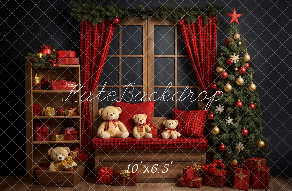 Kate Weihnachten Teddybär Roter Karo Vorhang Brauner Fensterrahmen Graue Wand Hintergrund entworfen von Emetselch - Kate Backdrop.de