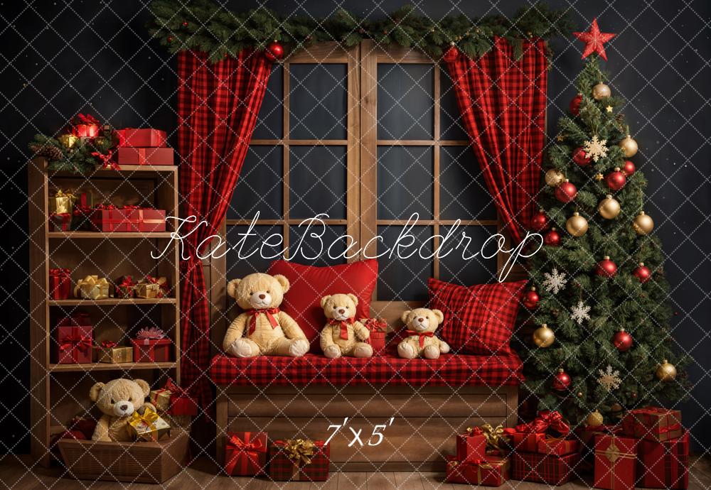 Kate Weihnachten Teddybär Roter Karo Vorhang Brauner Fensterrahmen Graue Wand Hintergrund entworfen von Emetselch - Kate Backdrop.de