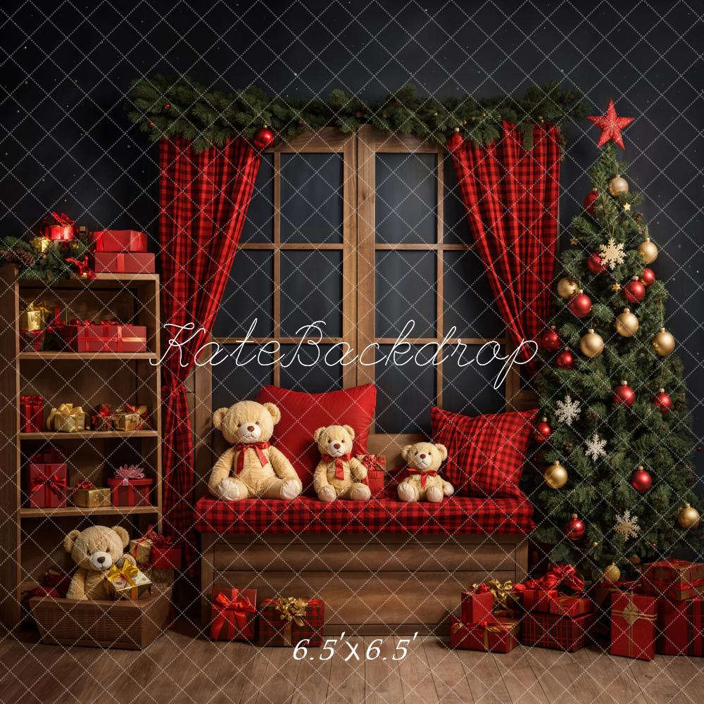 Kate Weihnachten Teddybär Roter Karo Vorhang Brauner Fensterrahmen Graue Wand Hintergrund entworfen von Emetselch - Kate Backdrop.de