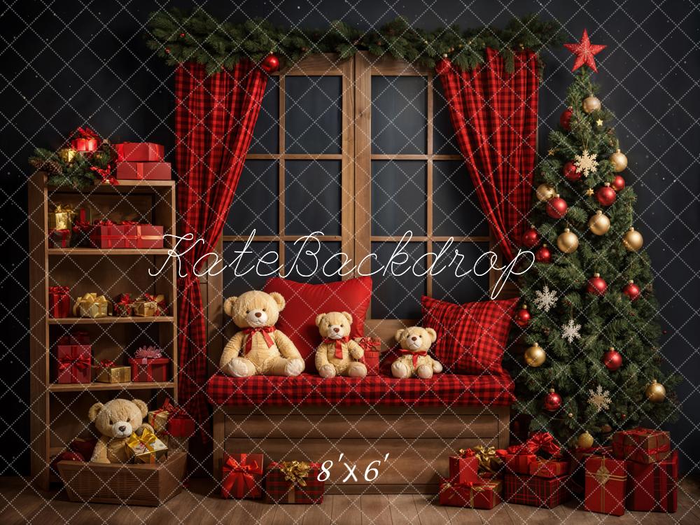 Kate Weihnachten Teddybär Roter Karo Vorhang Brauner Fensterrahmen Graue Wand Hintergrund entworfen von Emetselch - Kate Backdrop.de