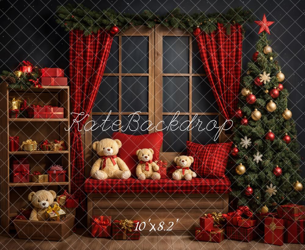 Kate Weihnachten Teddybär Roter Karo Vorhang Brauner Fensterrahmen Graue Wand Hintergrund entworfen von Emetselch - Kate Backdrop.de