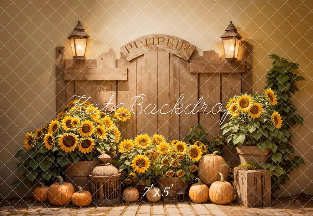 Kate Herbst Indoor Sonnenblume Kürbis Holz Scheunentor Hintergrund entworfen von Emetselch - Kate Backdrop.de