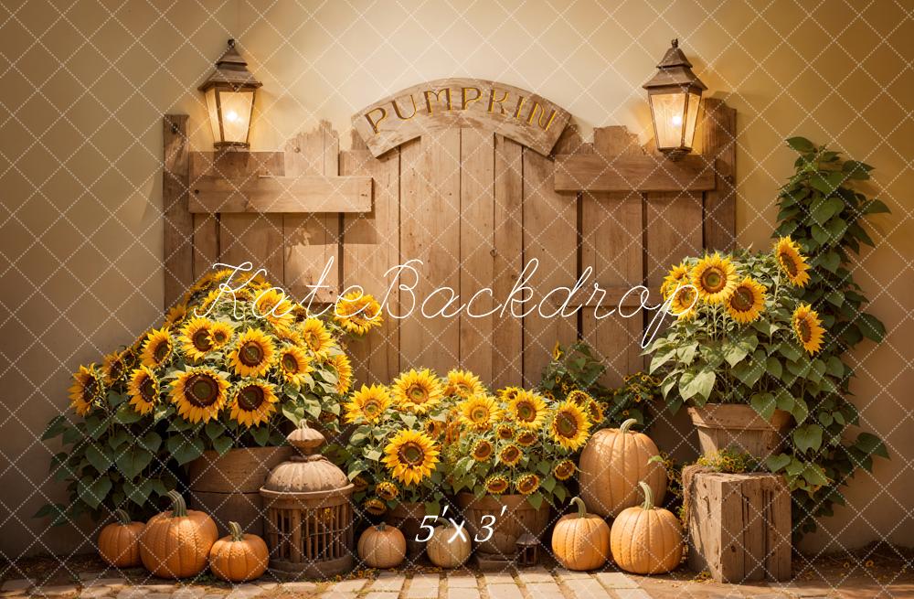Kate Herbst Indoor Sonnenblume Kürbis Holz Scheunentor Hintergrund entworfen von Emetselch - Kate Backdrop.de