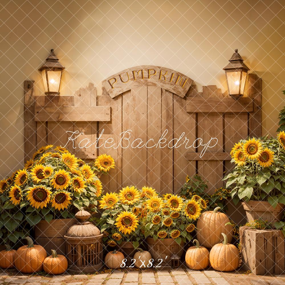 Kate Herbst Indoor Sonnenblume Kürbis Holz Scheunentor Hintergrund entworfen von Emetselch - Kate Backdrop.de