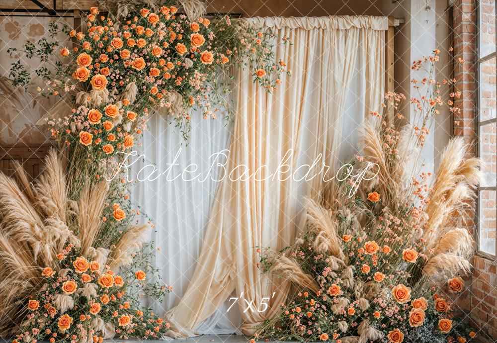 Kate Boho Fine Art Orange Blume Beige und Weiße Vorhang Wand Hintergrund entworfen von Emetselch - Kate Backdrop.de