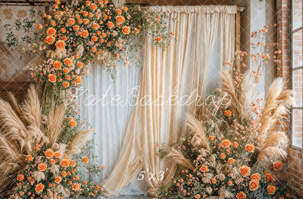 Kate Boho Fine Art Orange Blume Beige und Weiße Vorhang Wand Hintergrund entworfen von Emetselch - Kate Backdrop.de