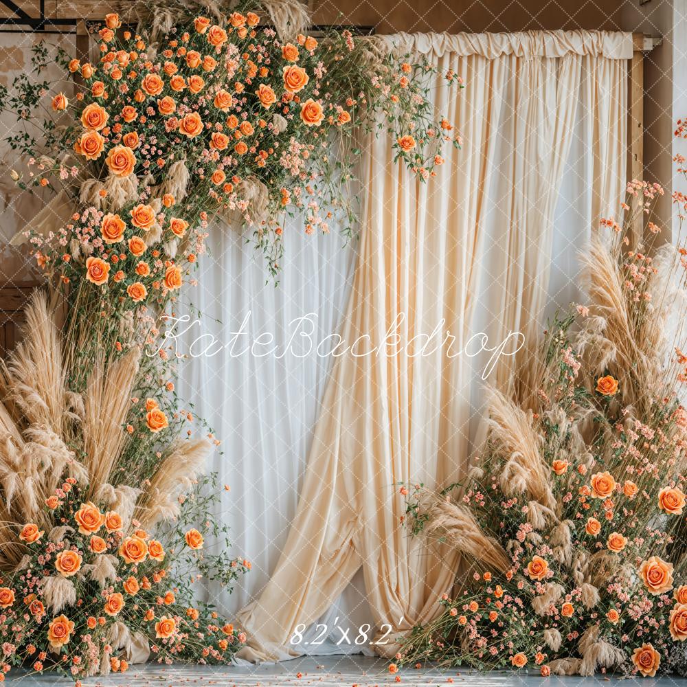 Kate Boho Fine Art Orange Blume Beige und Weiße Vorhang Wand Hintergrund entworfen von Emetselch - Kate Backdrop.de