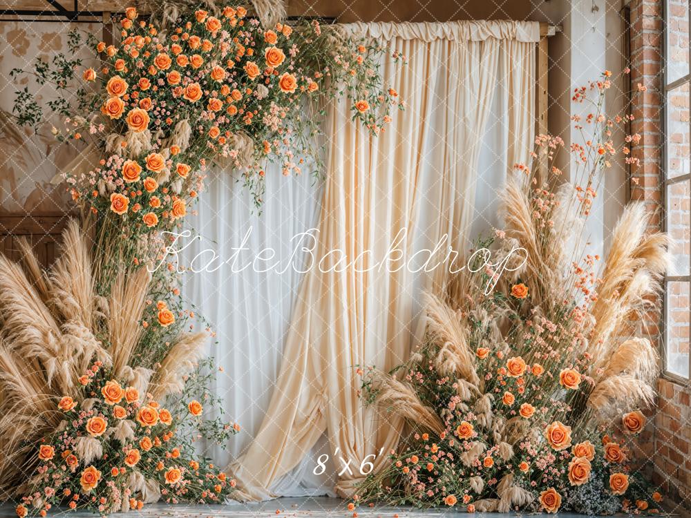 Kate Boho Fine Art Orange Blume Beige und Weiße Vorhang Wand Hintergrund entworfen von Emetselch - Kate Backdrop.de