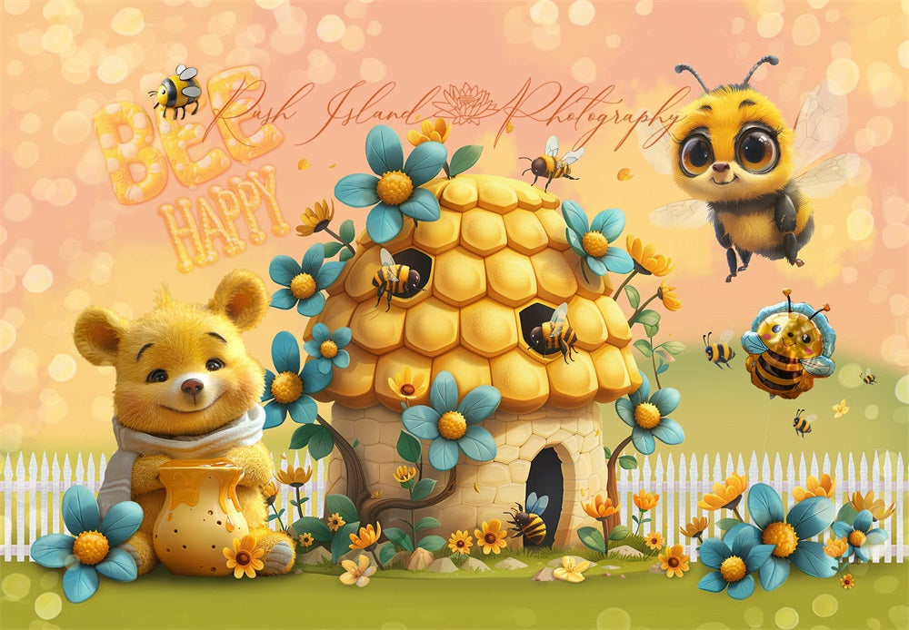 Kate Feine Kunst Blumen Cartoon Biene Glücklicher Bär Gelbes Häuschen Hintergrund entworfen von Laura Bybee - Kate Backdrop.de