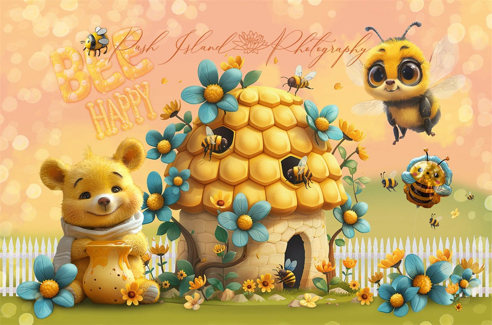 Kate Feine Kunst Blumen Cartoon Biene Glücklicher Bär Gelbes Häuschen Hintergrund entworfen von Laura Bybee - Kate Backdrop.de