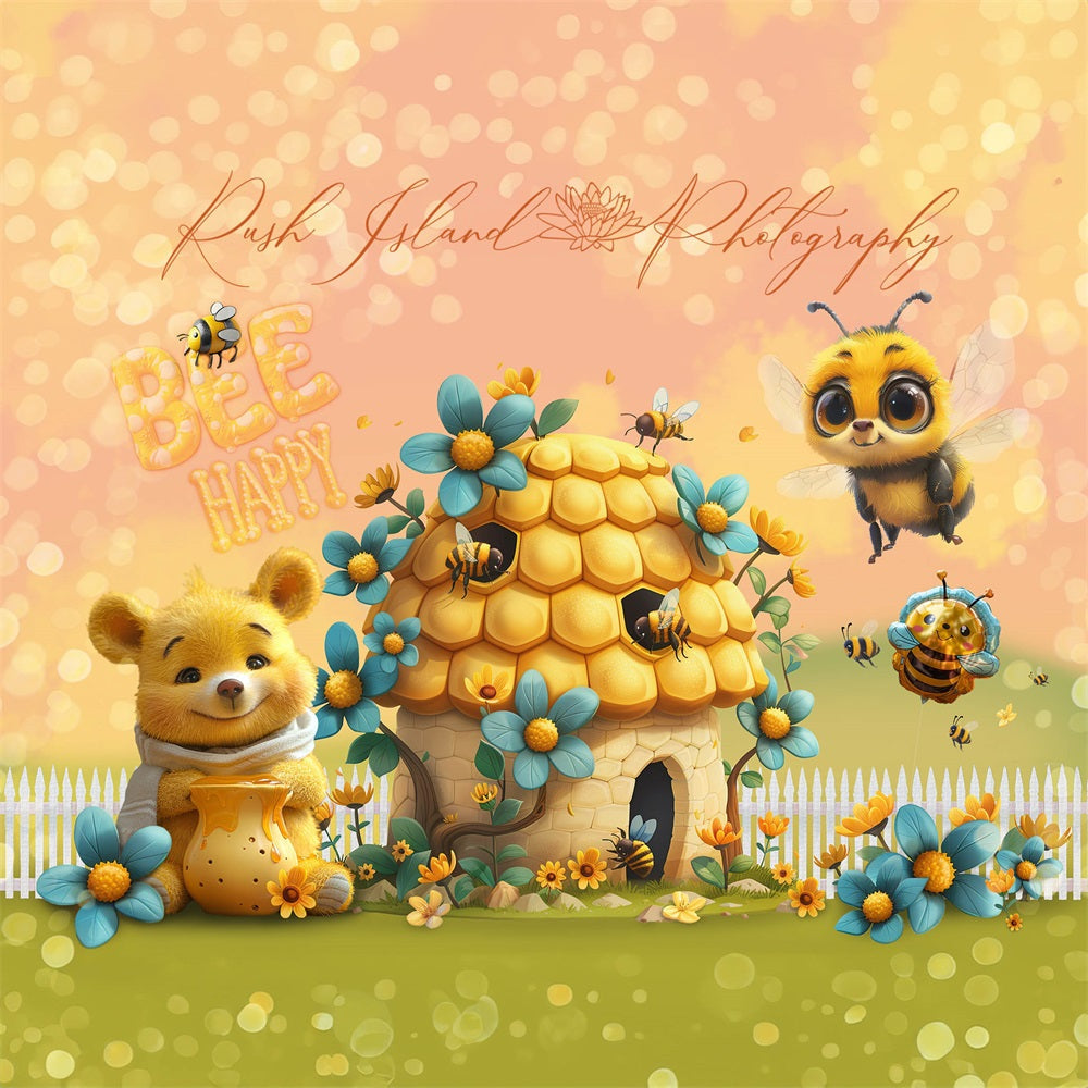 Kate Feine Kunst Blumen Cartoon Biene Glücklicher Bär Gelbes Häuschen Hintergrund entworfen von Laura Bybee - Kate Backdrop.de