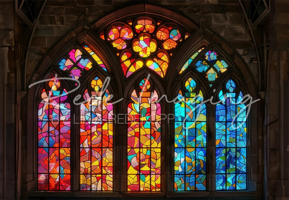 Kate Vintage Feine Kunst Kirchen Buntglas Bogenfenster Hintergrund entworfen von Lidia Redekopp