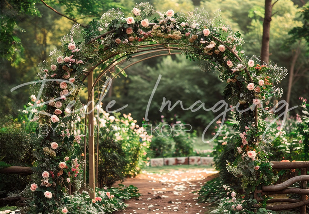 Kate Sommer Outdoor Wald Hochzeit Pinker Blumenbogen Pfad Hintergrund entworfen von Lidia Redekopp - Kate Backdrop.de