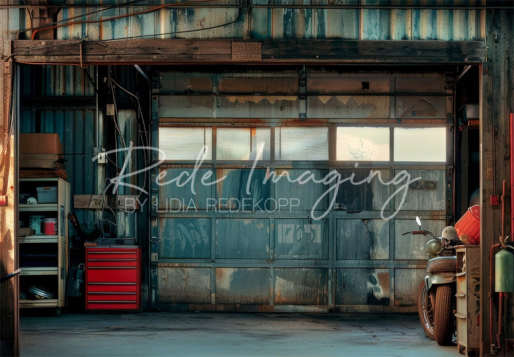 Kate Vatertag Retro Blaue Schmutzige Garage Hintergrund entworfen von Lidia Redekopp - Kate Backdrop.de