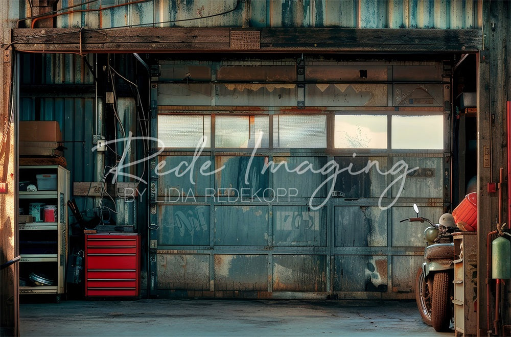 Kate Vatertag Retro Blaue Schmutzige Garage Hintergrund entworfen von Lidia Redekopp - Kate Backdrop.de