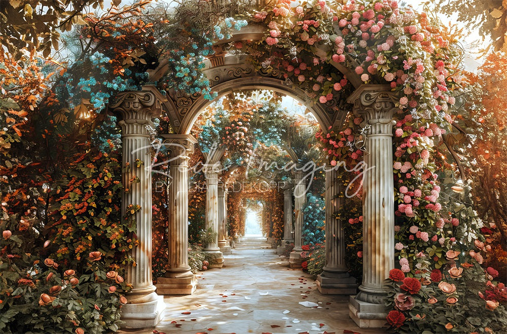 Kate Sommer Fine Art Bunter Blumen Vintage Stein Säulenbogenweg Hintergrund entworfen von Lidia Redekopp - Kate Backdrop.de