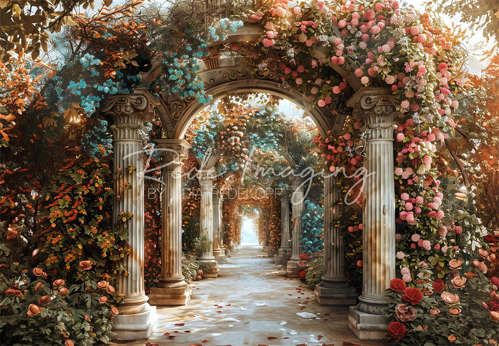 Kate Sommer Fine Art Bunter Blumen Vintage Stein Säulenbogenweg Hintergrund entworfen von Lidia Redekopp - Kate Backdrop.de