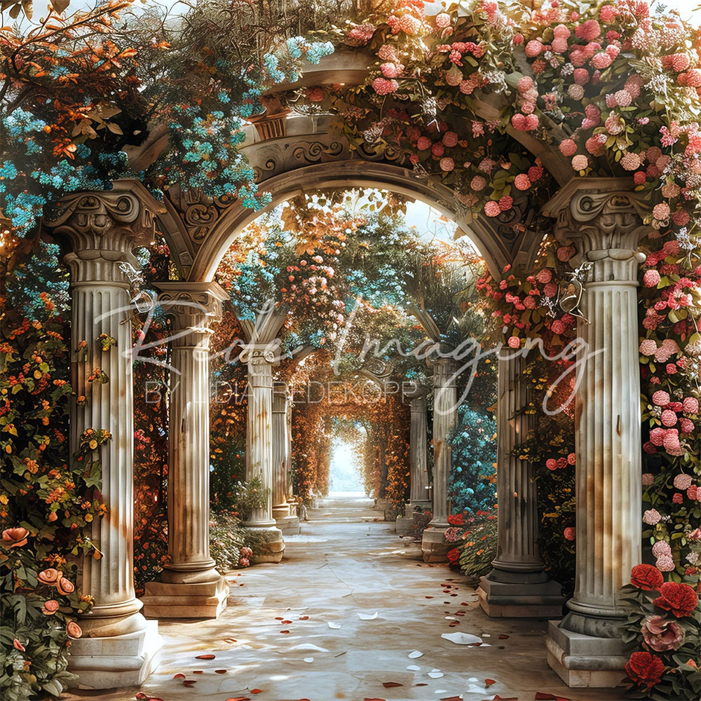 Kate Sommer Fine Art Bunter Blumen Vintage Stein Säulenbogenweg Hintergrund entworfen von Lidia Redekopp - Kate Backdrop.de